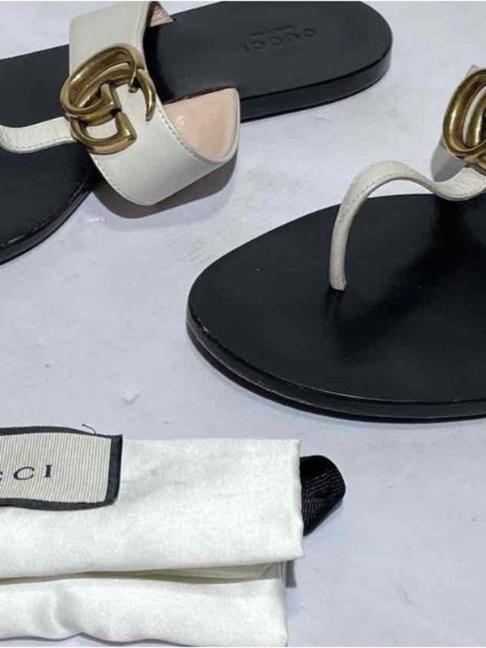 Gucci White Leather Thong Sandals with Gold Double G on Black Footbed